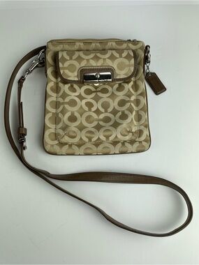 Coach Signature Op Art Khaki Crossbody Bag Brown Leather Trim Silver Hardware